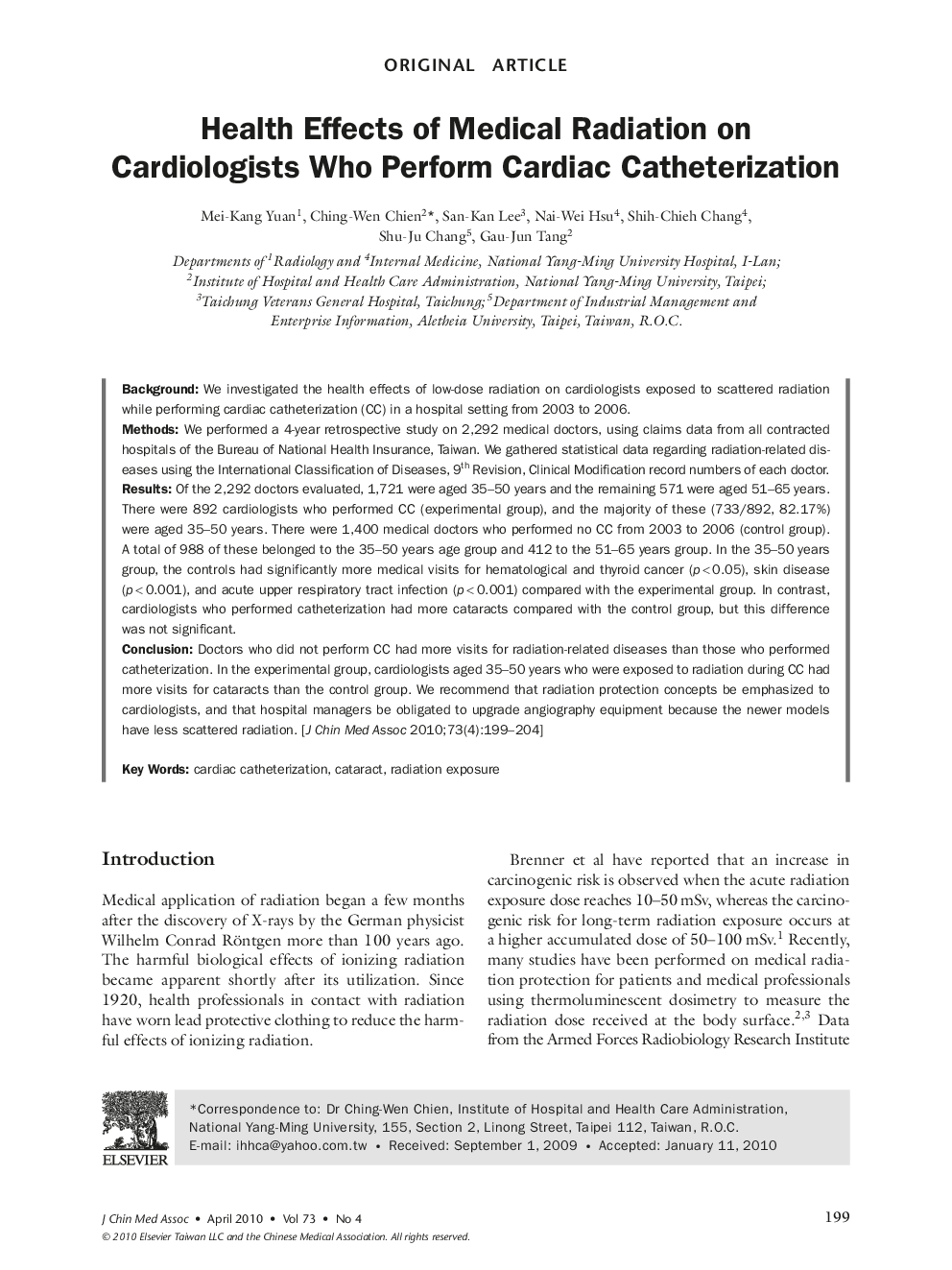 Health Effects of Medical Radiation on Cardiologists Who Perform Cardiac Catheterization