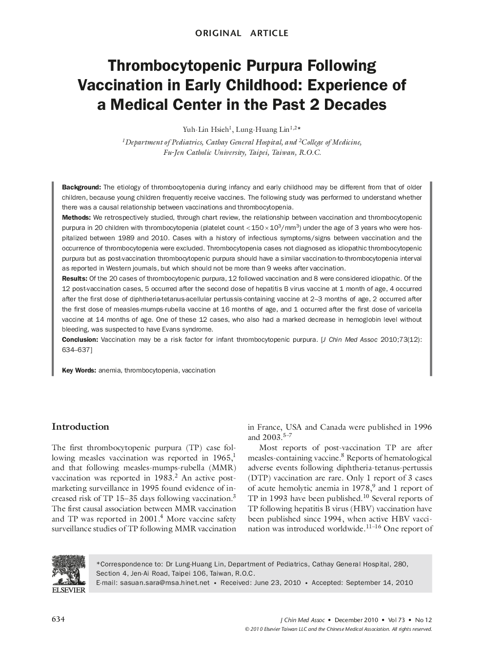 Thrombocytopenic Purpura Following Vaccination in Early Childhood: Experience of a Medical Center in the Past 2 Decades