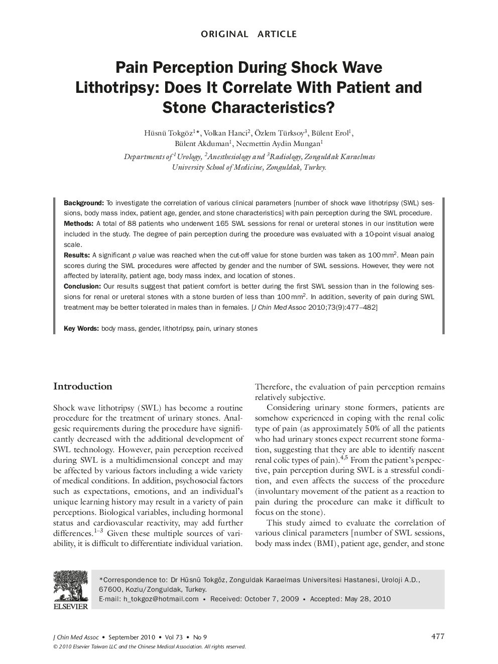 Pain Perception During Shock Wave Lithotripsy: Does It Correlate With Patient and Stone Characteristics?