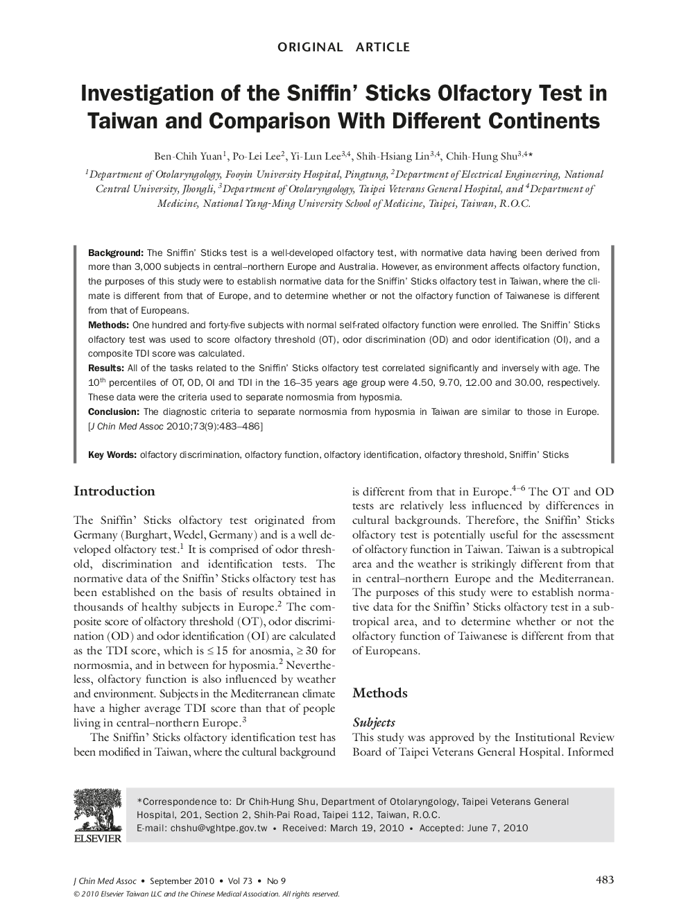Investigation of the Sniffin' Sticks Olfactory Test in Taiwan and Comparison With Different Continents