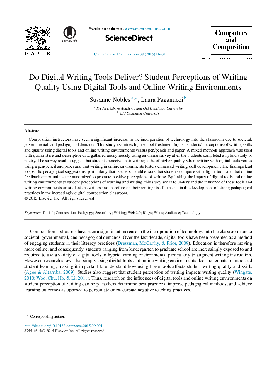 آیا ابزارهای نوشتن دیجیتال نجات می دهد؟ درک دانشجو از استفاده از ابزار دیجیتال برای با کیفیت نوشتن و محیط نوشتن آنلاین