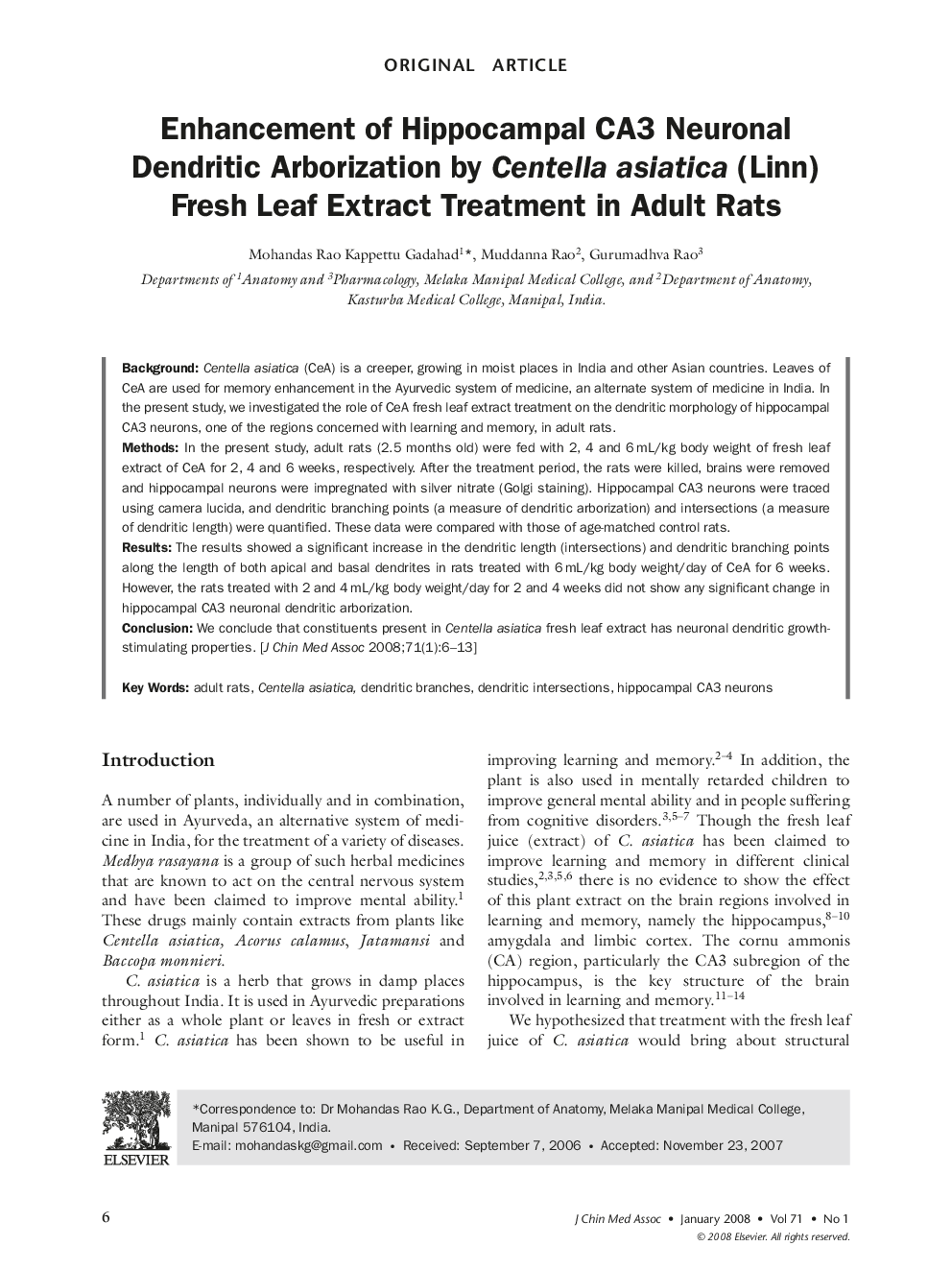 Enhancement of Hippocampal CA3 Neuronal Dendritic Arborization by Centella asiatica (Linn) Fresh Leaf Extract Treatment in Adult Rats