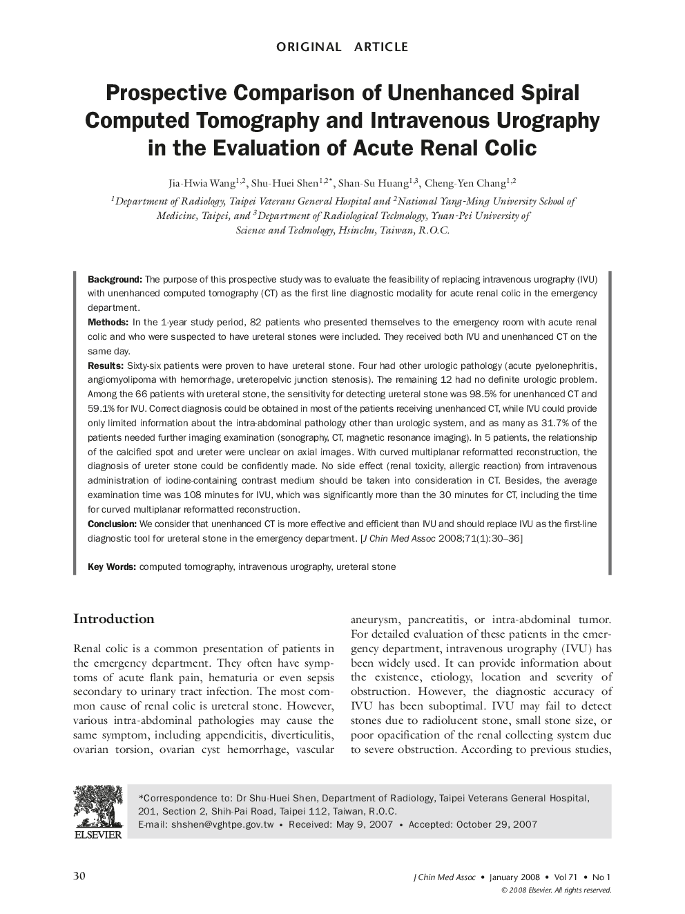Prospective Comparison of Unenhanced Spiral Computed Tomography and Intravenous Urography in the Evaluation of Acute Renal Colic