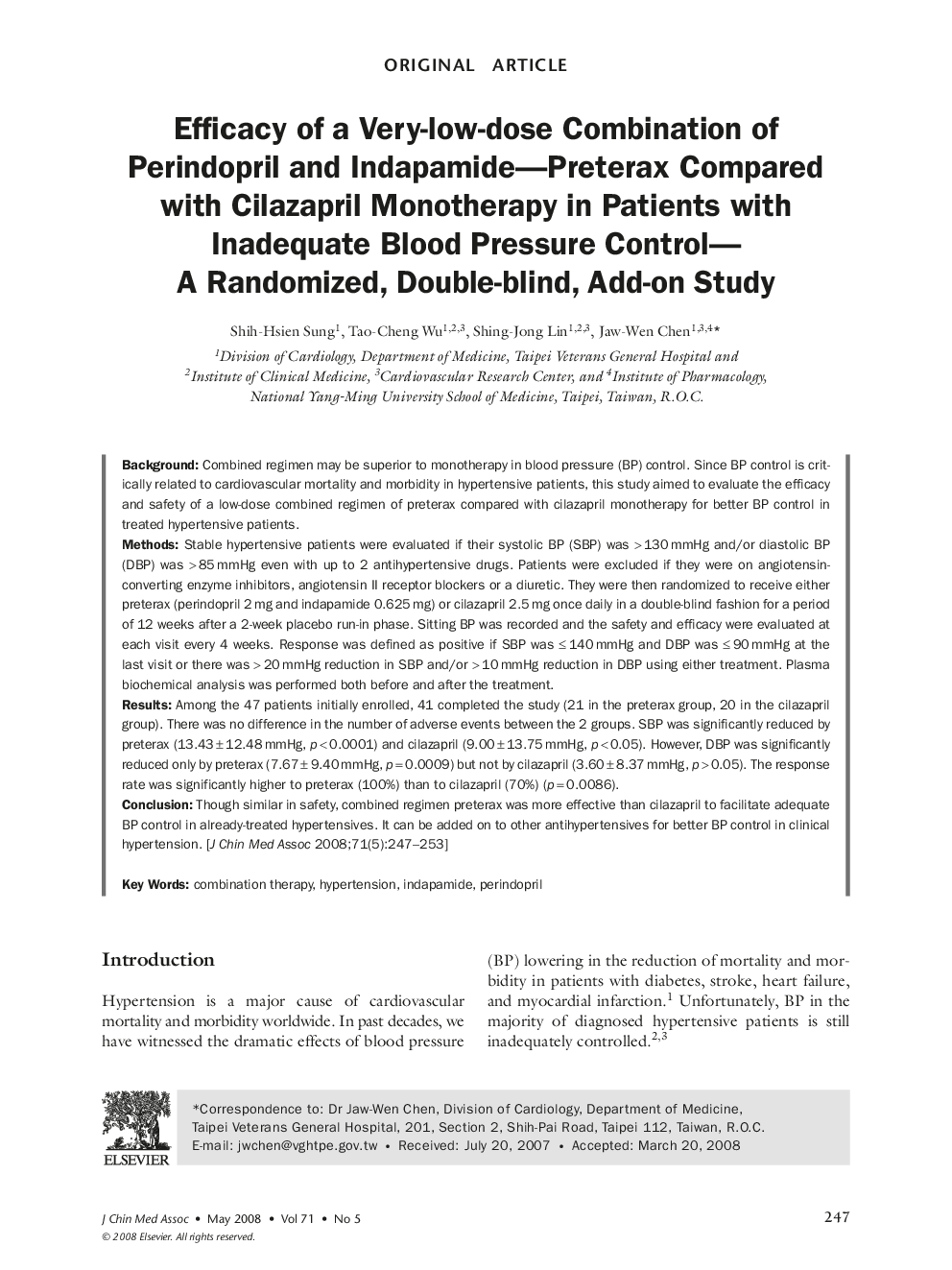 Efficacy of a Very-low-dose Combination of Perindopril and Indapamide—Preterax Compared with Cilazapril Monotherapy in Patients with Inadequate Blood Pressure Control—A Randomized, Double-blind, Add-on Study