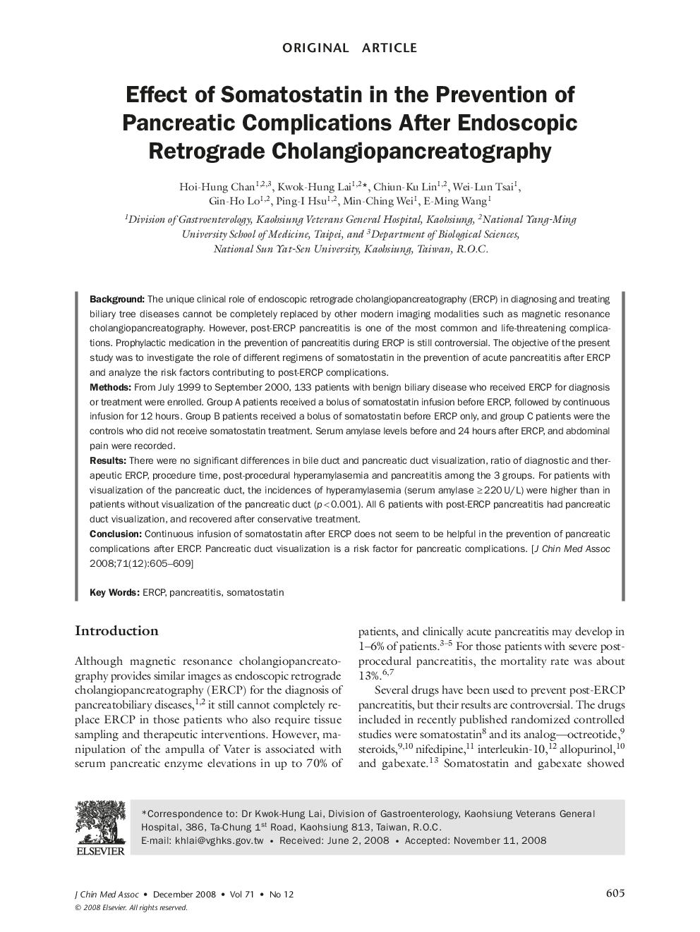 Effect of Somatostatin in the Prevention of Pancreatic Complications After Endoscopic Retrograde Cholangiopancreatography