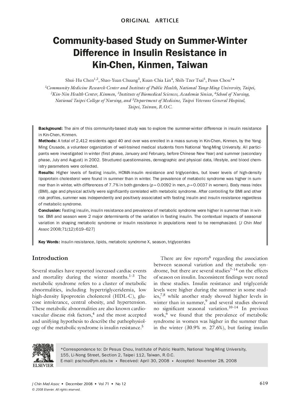 Community-based Study on Summer-Winter Difference in Insulin Resistance in Kin-Chen, Kinmen, Taiwan