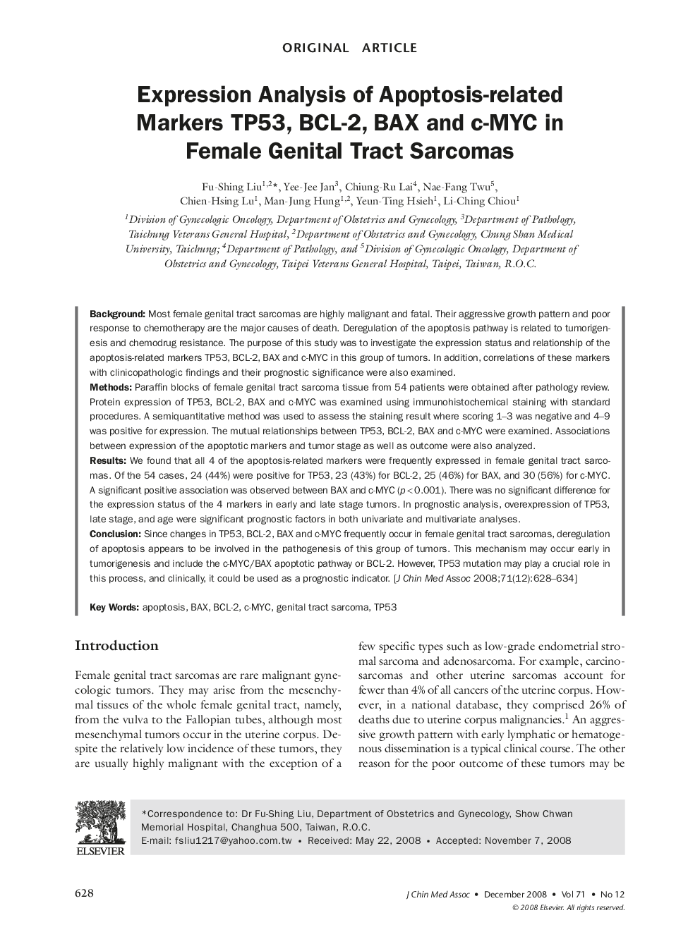 Expression Analysis of Apoptosis-related Markers TP53, BCL-2, BAX and c-MYC in Female Genital Tract Sarcomas