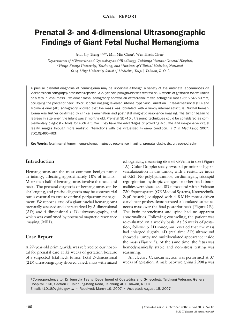 Prenatal 3- and 4-dimensional Ultrasonographic Findings of Giant Fetal Nuchal Hemangioma