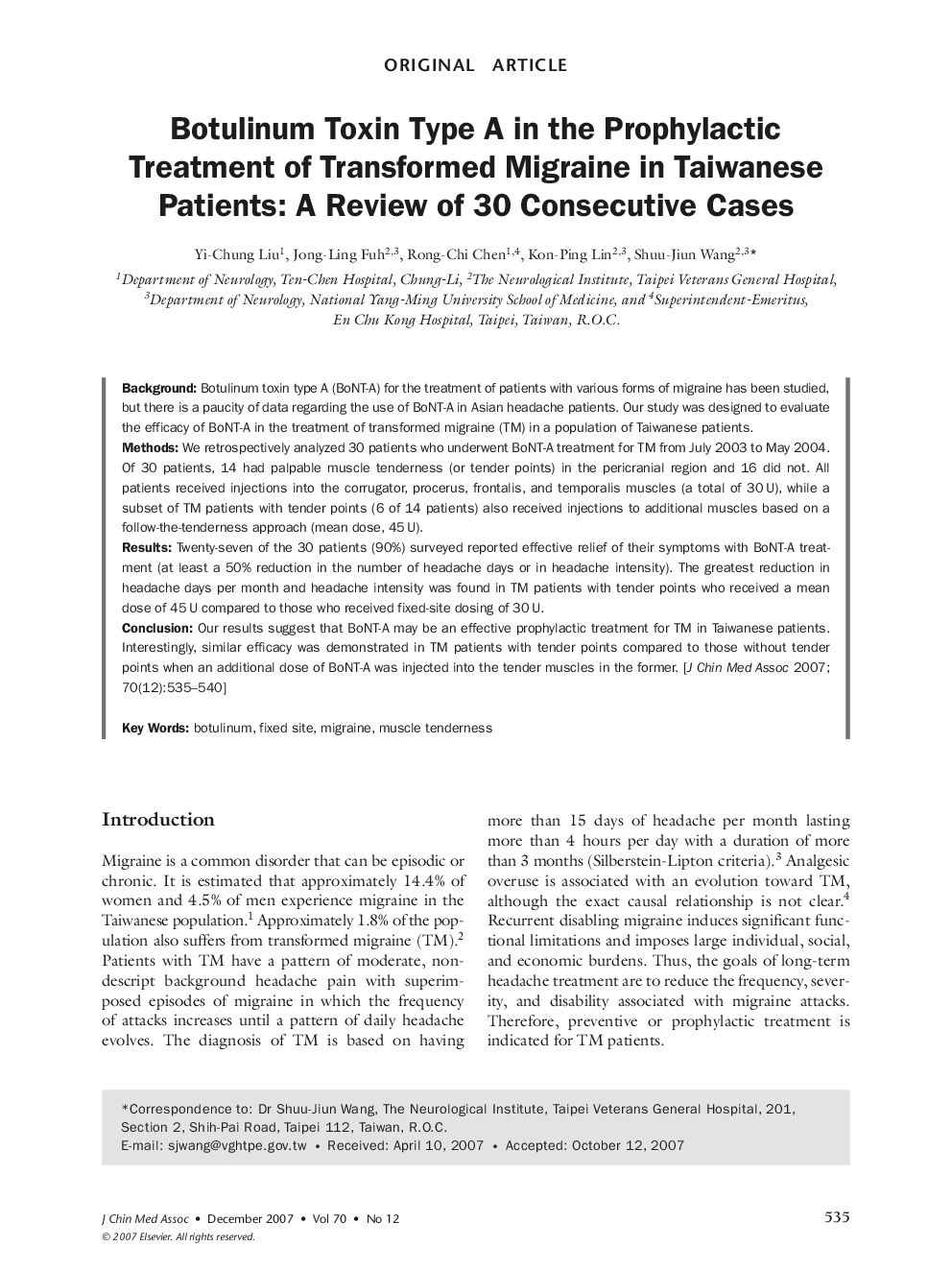 Botulinum Toxin Type A in the Prophylactic Treatment of Transformed Migraine in Taiwanese Patients: A Review of 30 Consecutive Cases