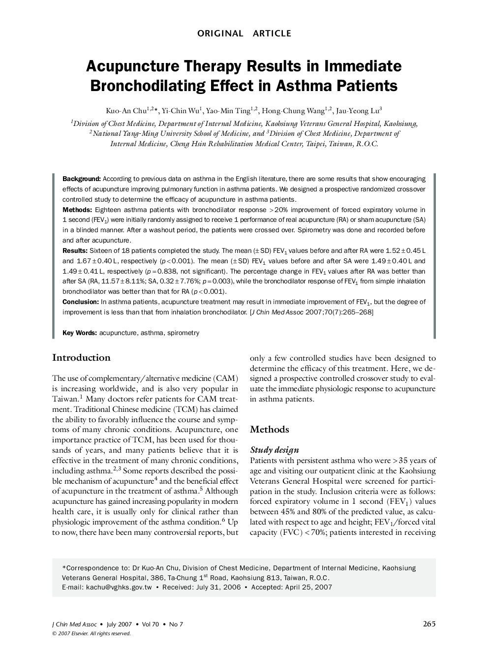 Acupuncture Therapy Results in Immediate Bronchodilating Effect in Asthma Patients