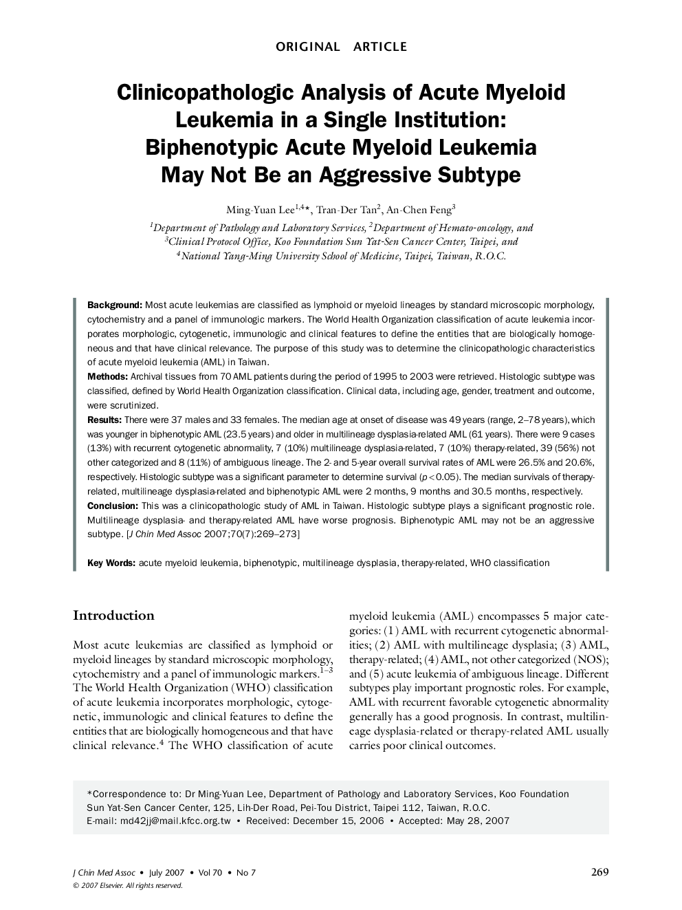 Clinicopathologic Analysis of Acute Myeloid Leukemia in a Single Institution: Biphenotypic Acute Myeloid Leukemia May Not Be an Aggressive Subtype
