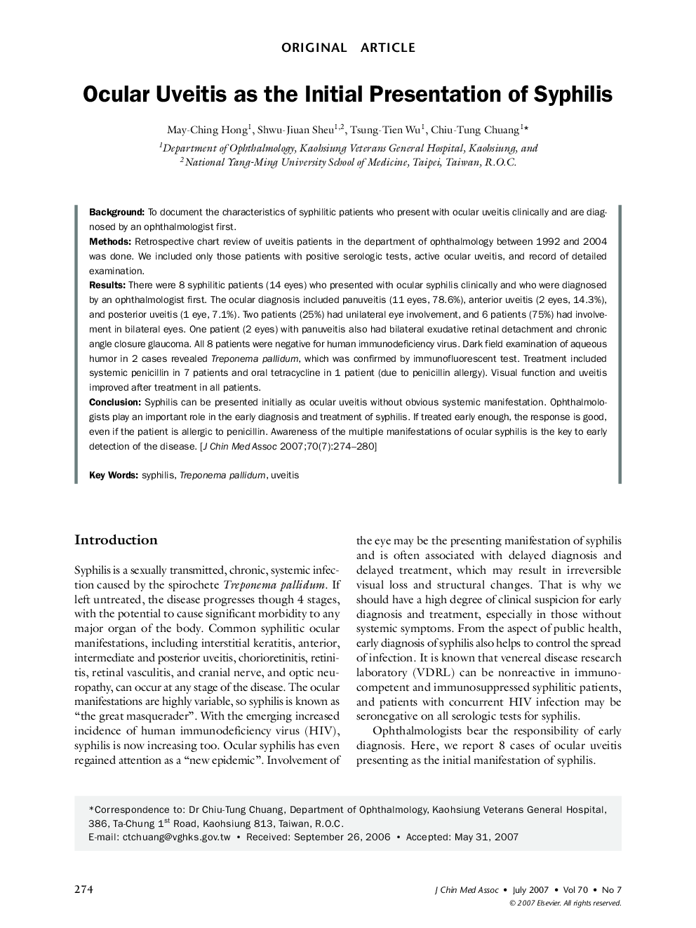 Ocular Uveitis as the Initial Presentation of Syphilis