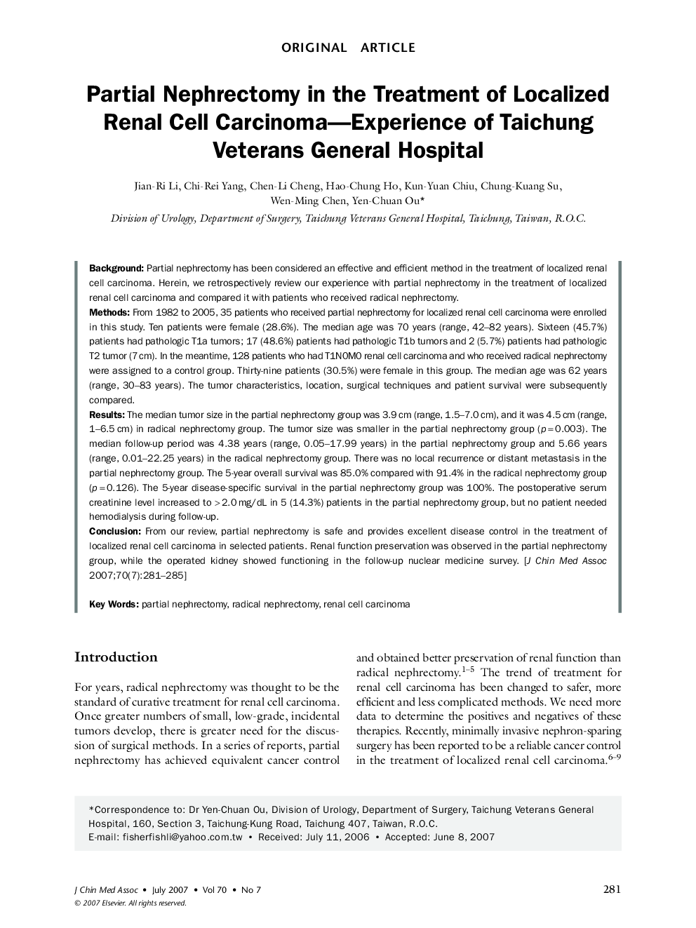 Partial Nephrectomy in the Treatment of Localized Renal Cell Carcinoma — Experience of Taichung Veterans General Hospital