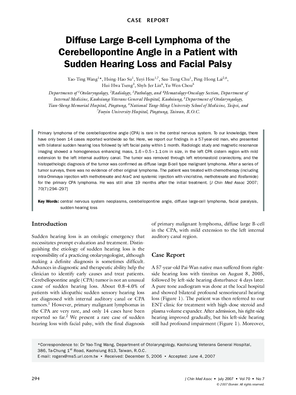 Diffuse Large B-cell Lymphoma of the Cerebellopontine Angle in a Patient with Sudden Hearing Loss and Facial Palsy