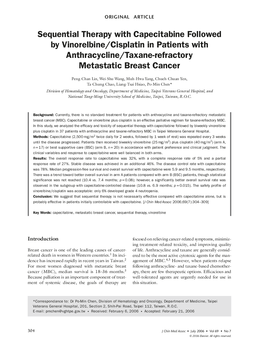 Sequential Therapy with Capecitabine Followed by Vinorelbine/Cisplatin in Patients with Anthracycline/Taxane-refractory Metastatic Breast Cancer