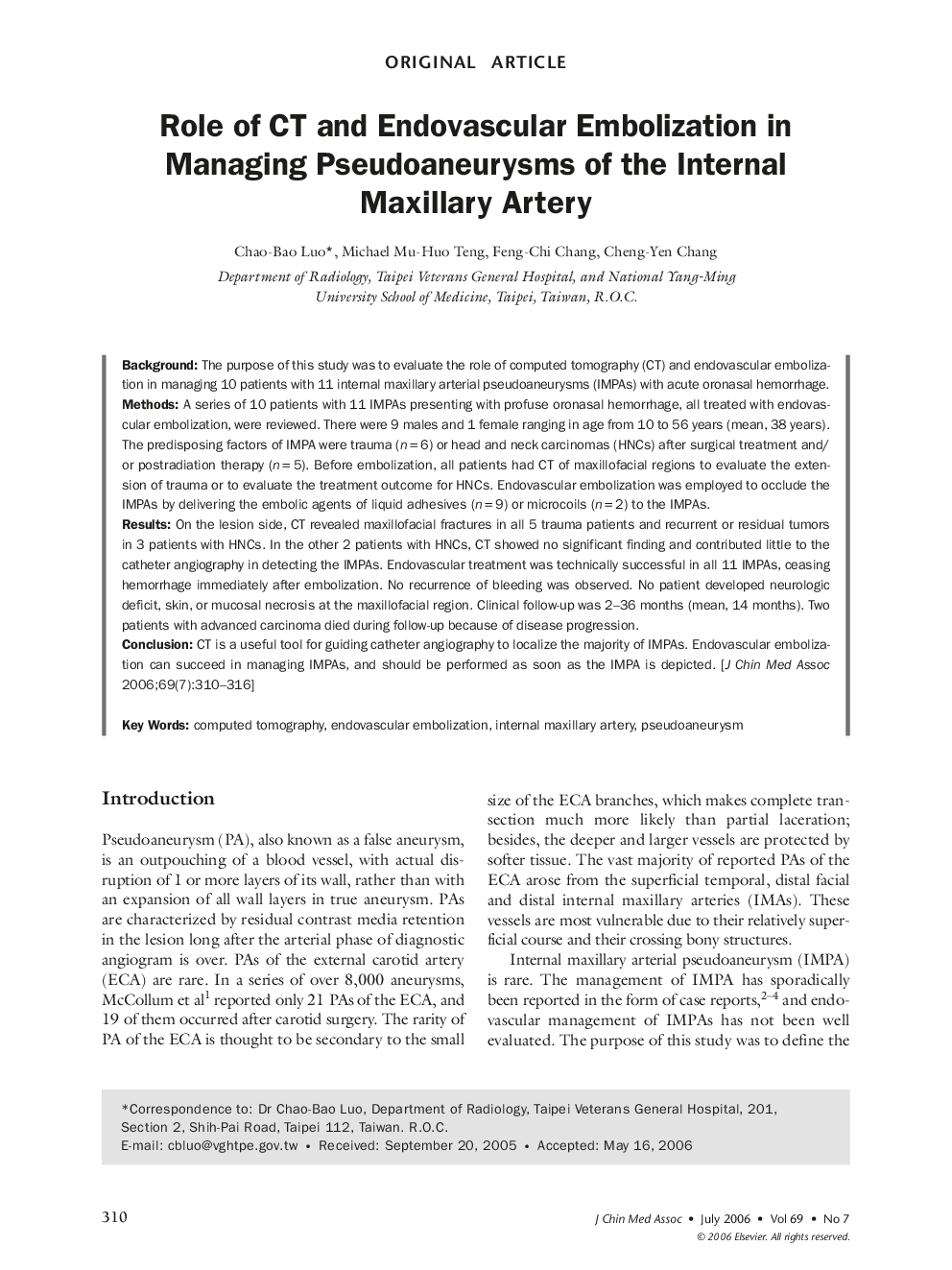 Role of CT and Endovascular Embolization in Managing Pseudoaneurysms of the Internal Maxillary Artery