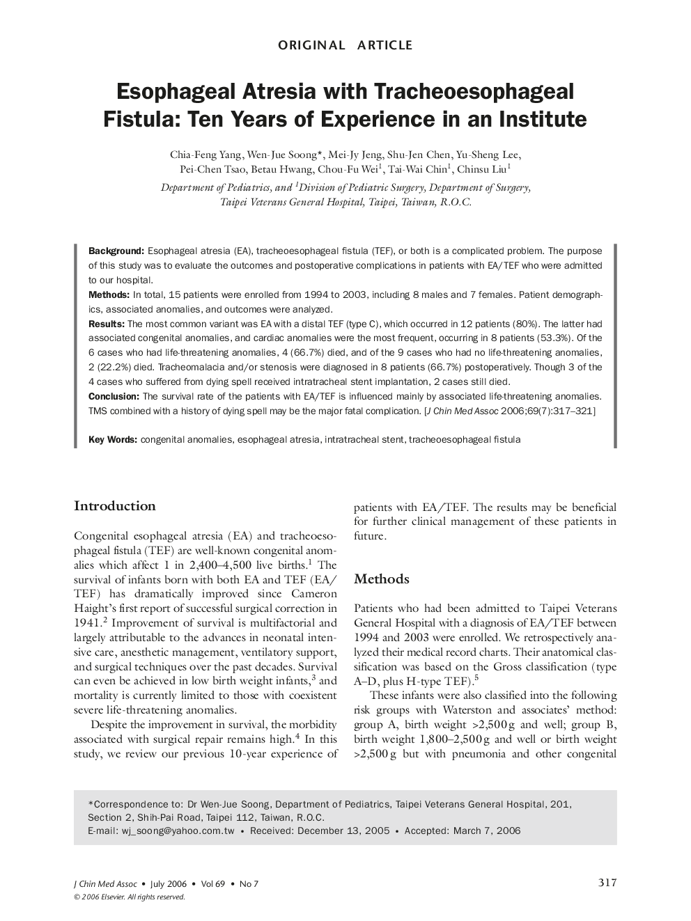 Esophageal Atresia with Tracheoesophageal Fistula: Ten Years of Experience in an Institute