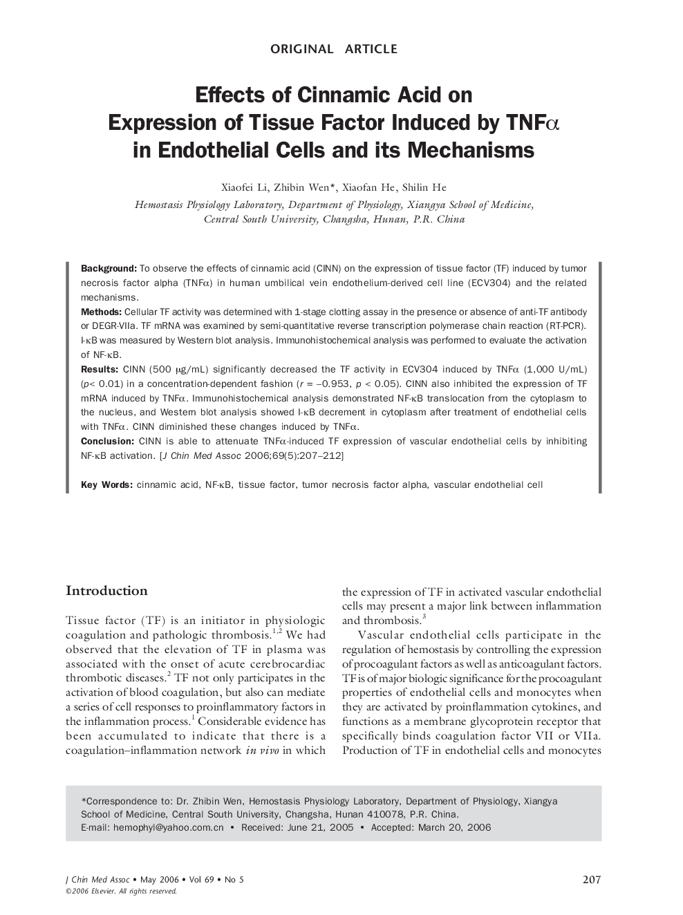 Effects of Cinnamic Acid on Expression of Tissue Factor Induced by TNFα in Endothelial Cells and its Mechanisms
