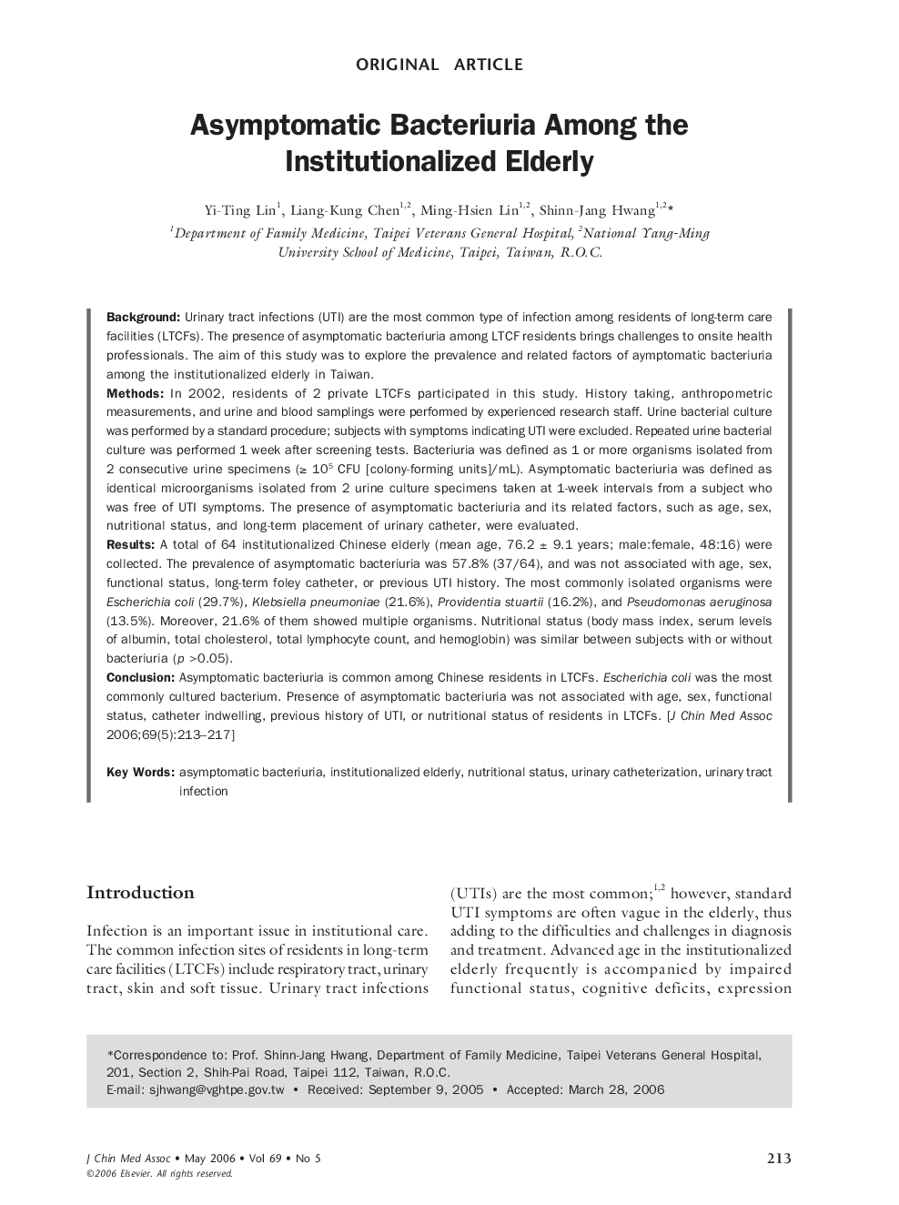 Asymptomatic Bacteriuria Among the Institutionalized Elderly