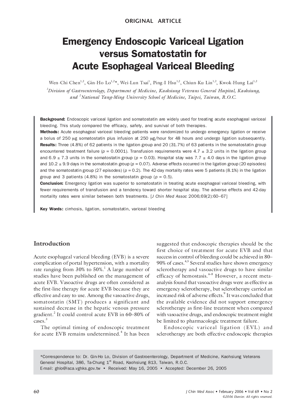 Emergency Endoscopic Variceal Ligation versus Somatostatin for Acute Esophageal Variceal Bleeding