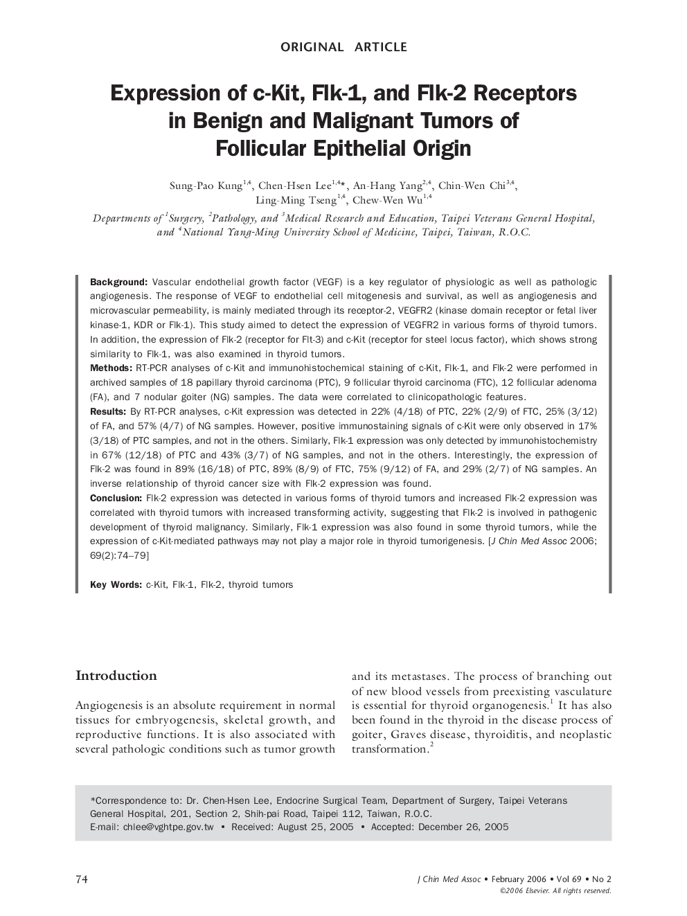 Expression of c-Kit, Flk-1, and Flk-2 Receptors in Benign and Malignant Tumors of Follicular Epithelial Origin