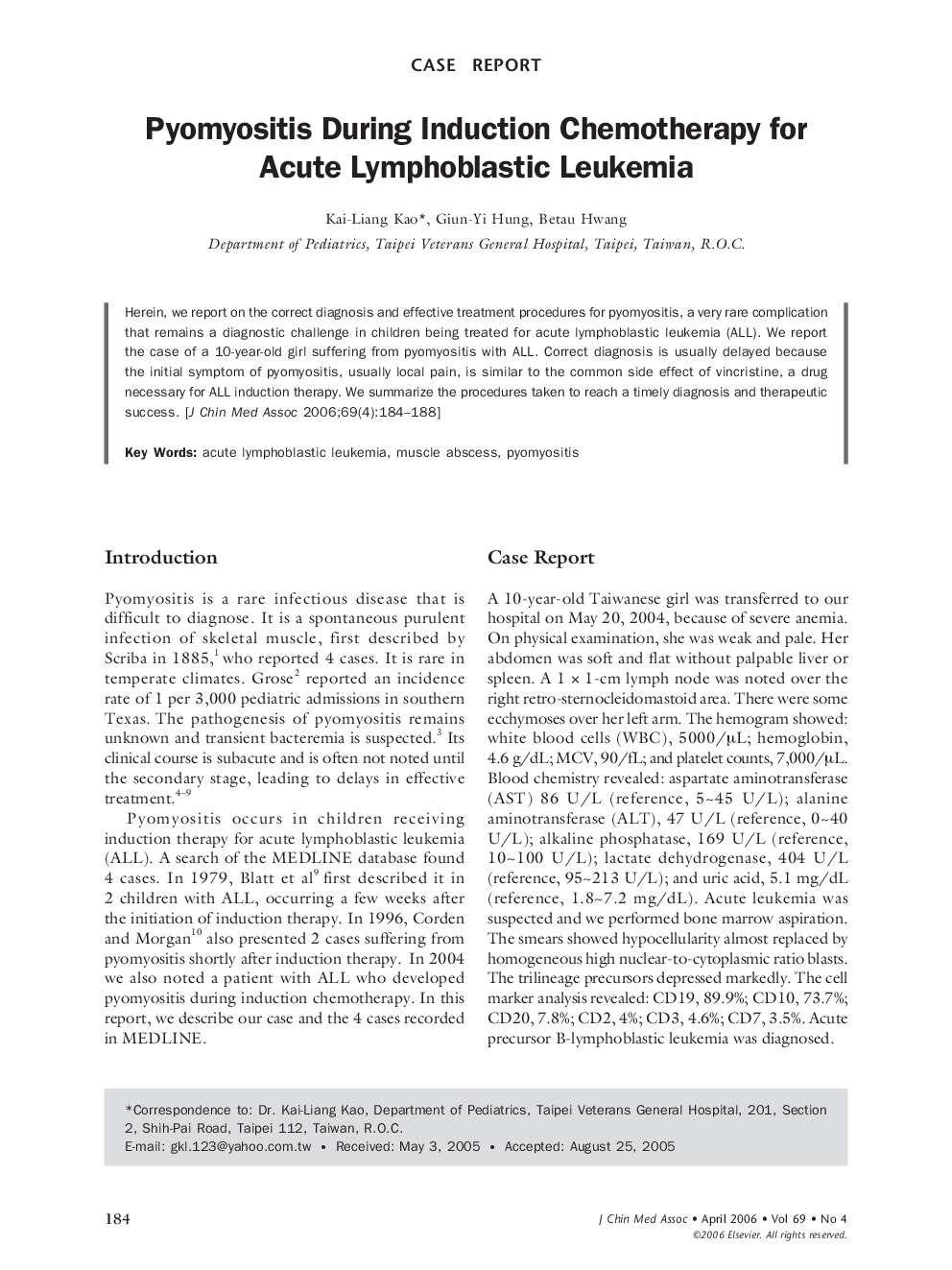Pyomyositis During Induction Chemotherapy for Acute Lymphoblastic Leukemia