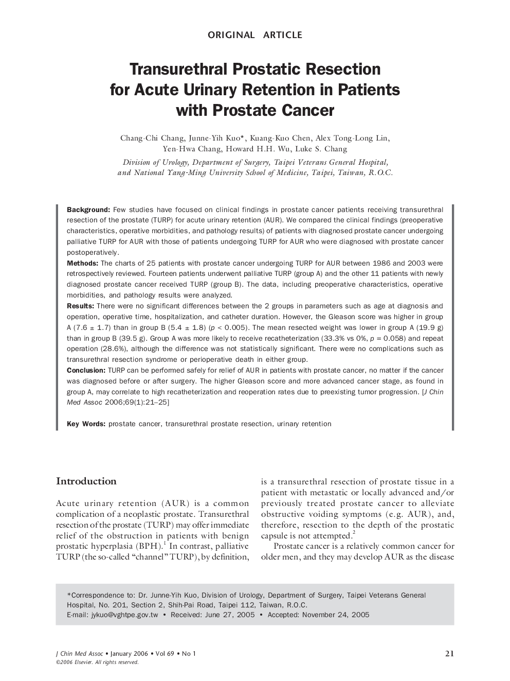Transurethral Prostatic Resection for Acute Urinary Retention in Patients with Prostate Cancer