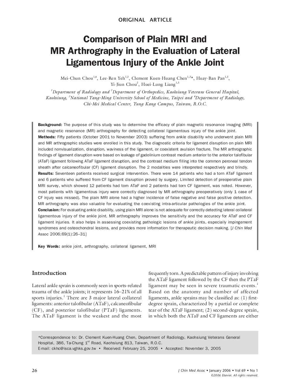 Comparison of Plain MRI and MR Arthrography in the Evaluation of Lateral Ligamentous Injury of the Ankle Joint