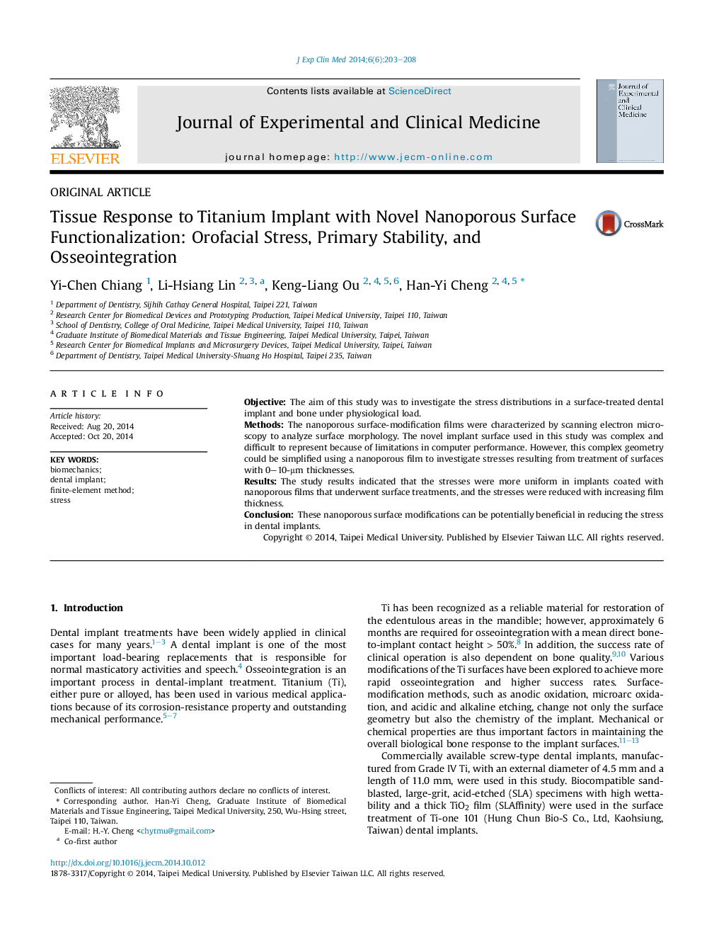 Tissue Response to Titanium Implant with Novel Nanoporous Surface Functionalization: Orofacial Stress, Primary Stability, and Osseointegration 