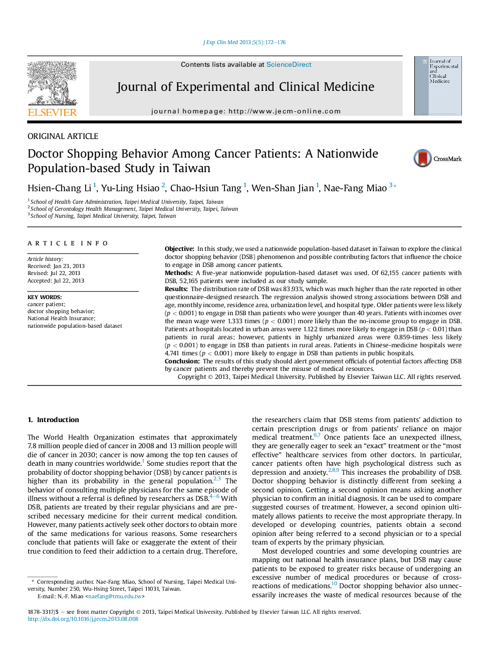 عکس صفحه اول مقاله: Doctor Shopping Behavior Among Cancer Patients: A Nationwide Population-based Study in Taiwan Doctor Shopping Behavior Among Cancer Patients: A Nationwide Population-based Study in Taiwan
