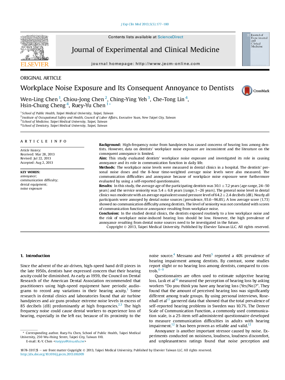 عکس صفحه اول مقاله: Workplace Noise Exposure and Its Consequent Annoyance to Dentists Workplace Noise Exposure and Its Consequent Annoyance to Dentists