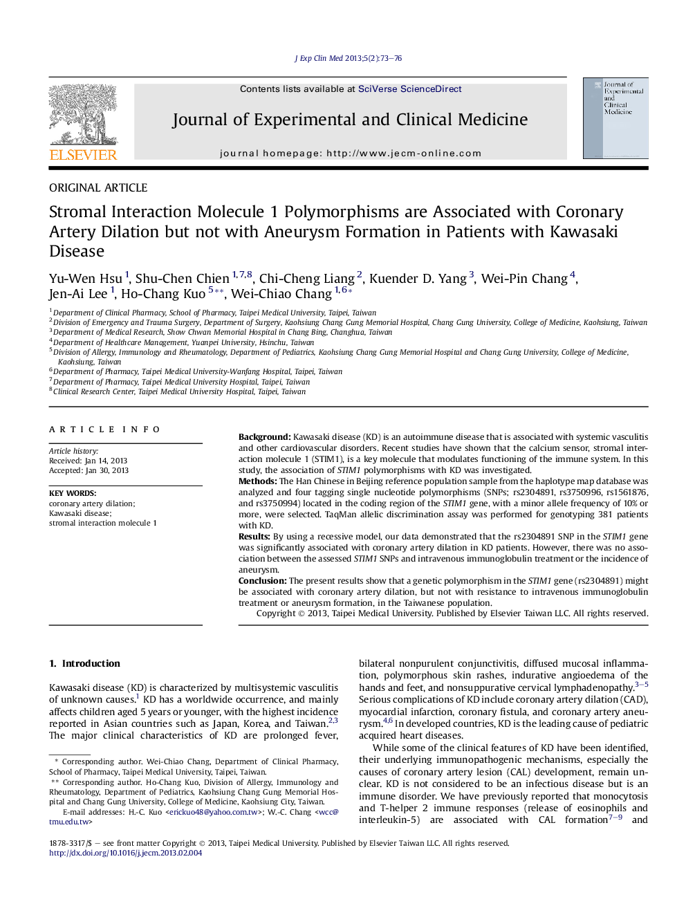 Stromal Interaction Molecule 1 Polymorphisms are Associated with Coronary Artery Dilation but not with Aneurysm Formation in Patients with Kawasaki Disease