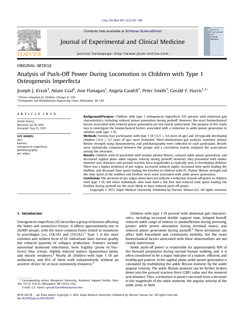 Analysis of Push-Off Power During Locomotion in Children with Type 1 Osteogenesis Imperfecta