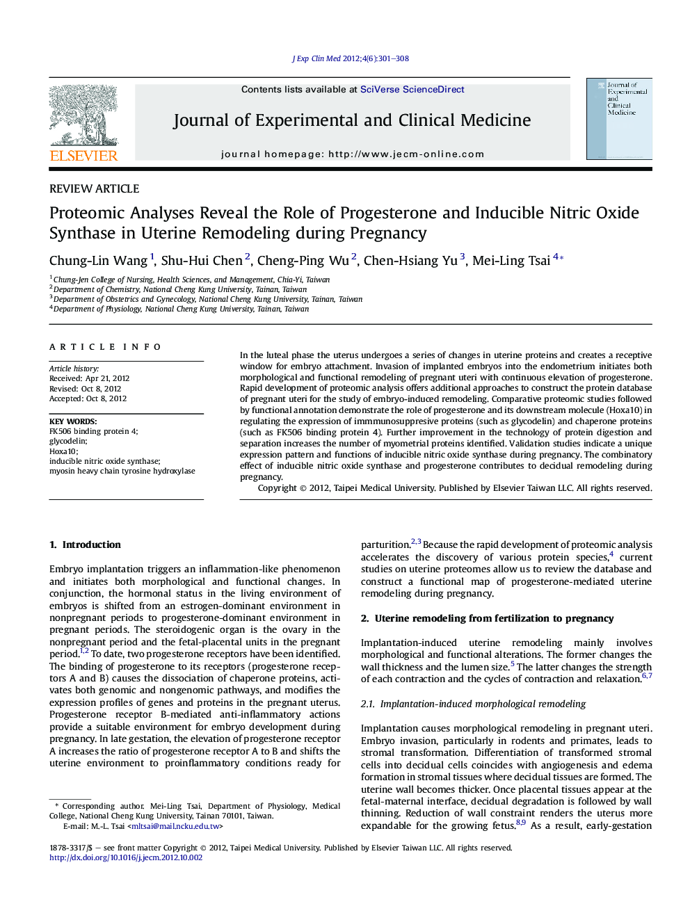 Proteomic Analyses Reveal the Role of Progesterone and Inducible Nitric Oxide Synthase in Uterine Remodeling during Pregnancy