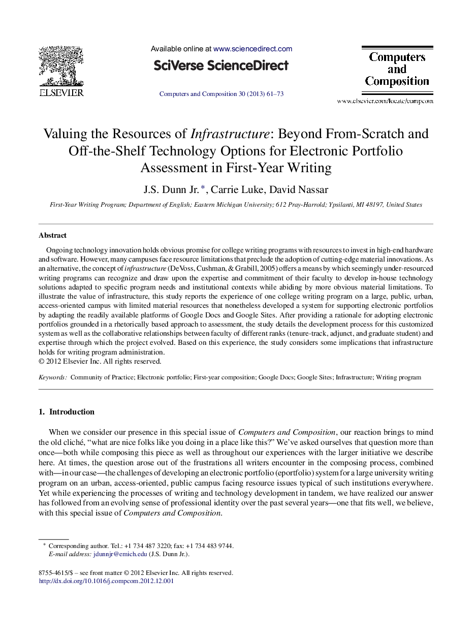 Valuing the Resources of Infrastructure: Beyond From-Scratch and Off-the-Shelf Technology Options for Electronic Portfolio Assessment in First-Year Writing