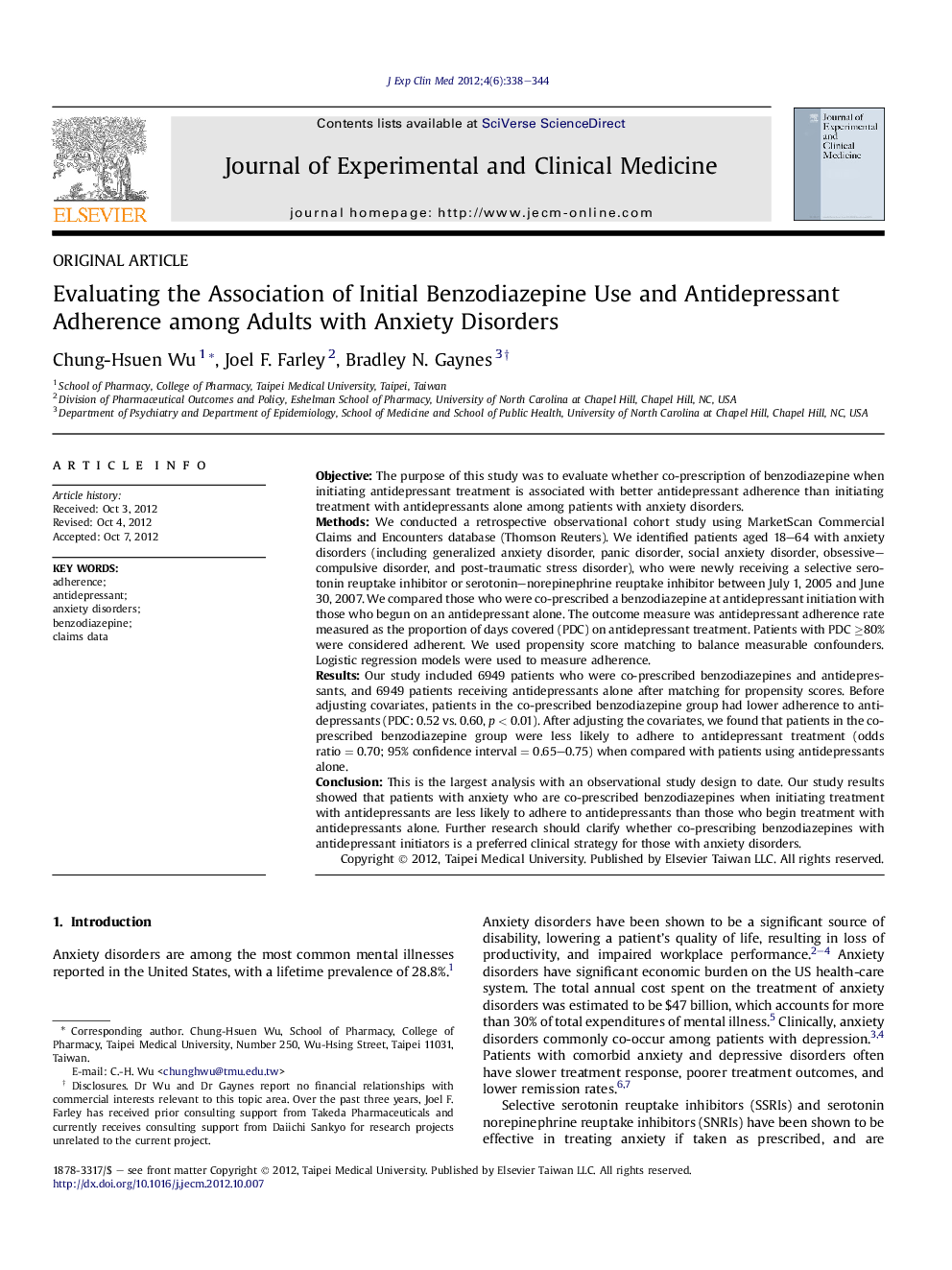 Evaluating the Association of Initial Benzodiazepine Use and Antidepressant Adherence among Adults with Anxiety Disorders