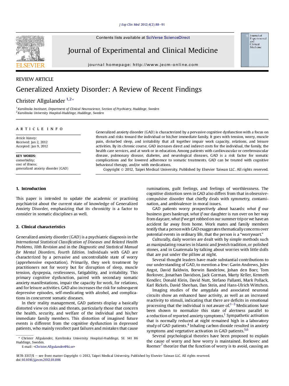 Generalized Anxiety Disorder: A Review of Recent Findings