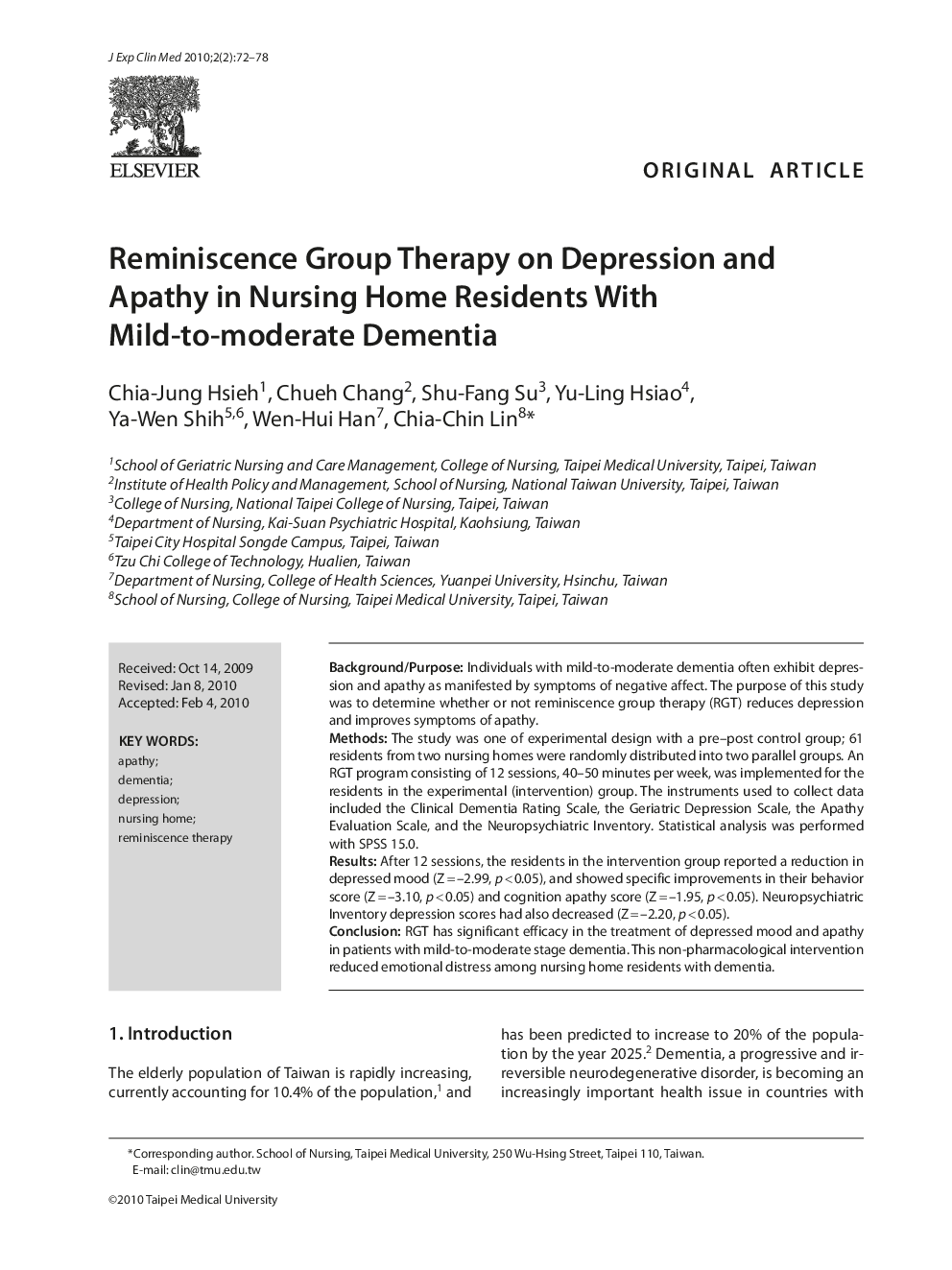 Reminiscence Group Therapy on Depression and Apathy in Nursing Home Residents With Mild-to-moderate Dementia