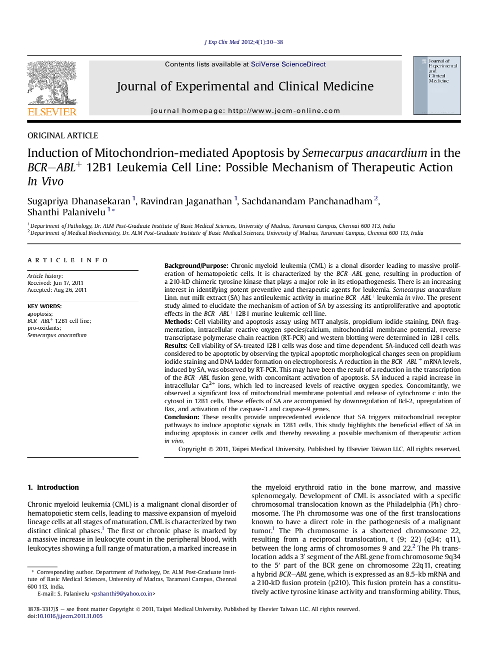 Induction of Mitochondrion-mediated Apoptosis by Semecarpus anacardium in the BCR-ABL+ 12B1 Leukemia Cell Line: Possible Mechanism of Therapeutic Action InÂ Vivo