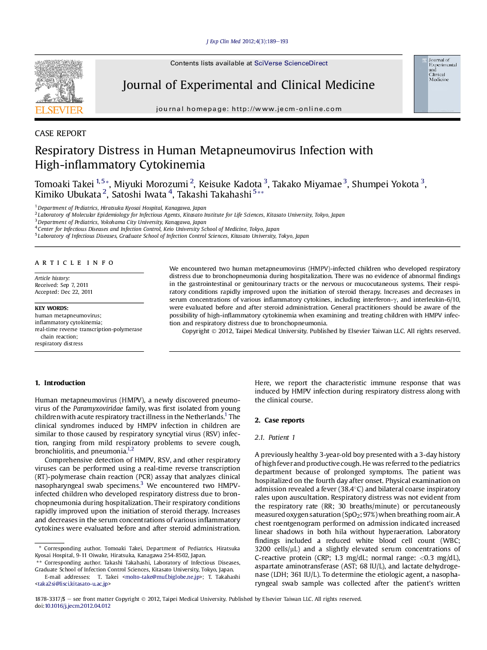 Respiratory Distress in Human Metapneumovirus Infection with High-inflammatory Cytokinemia