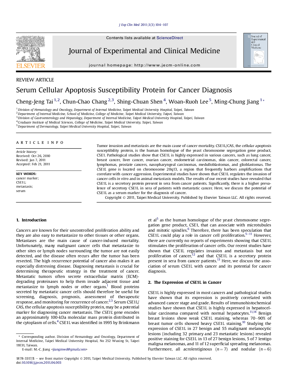 Serum Cellular Apoptosis Susceptibility Protein for Cancer Diagnosis