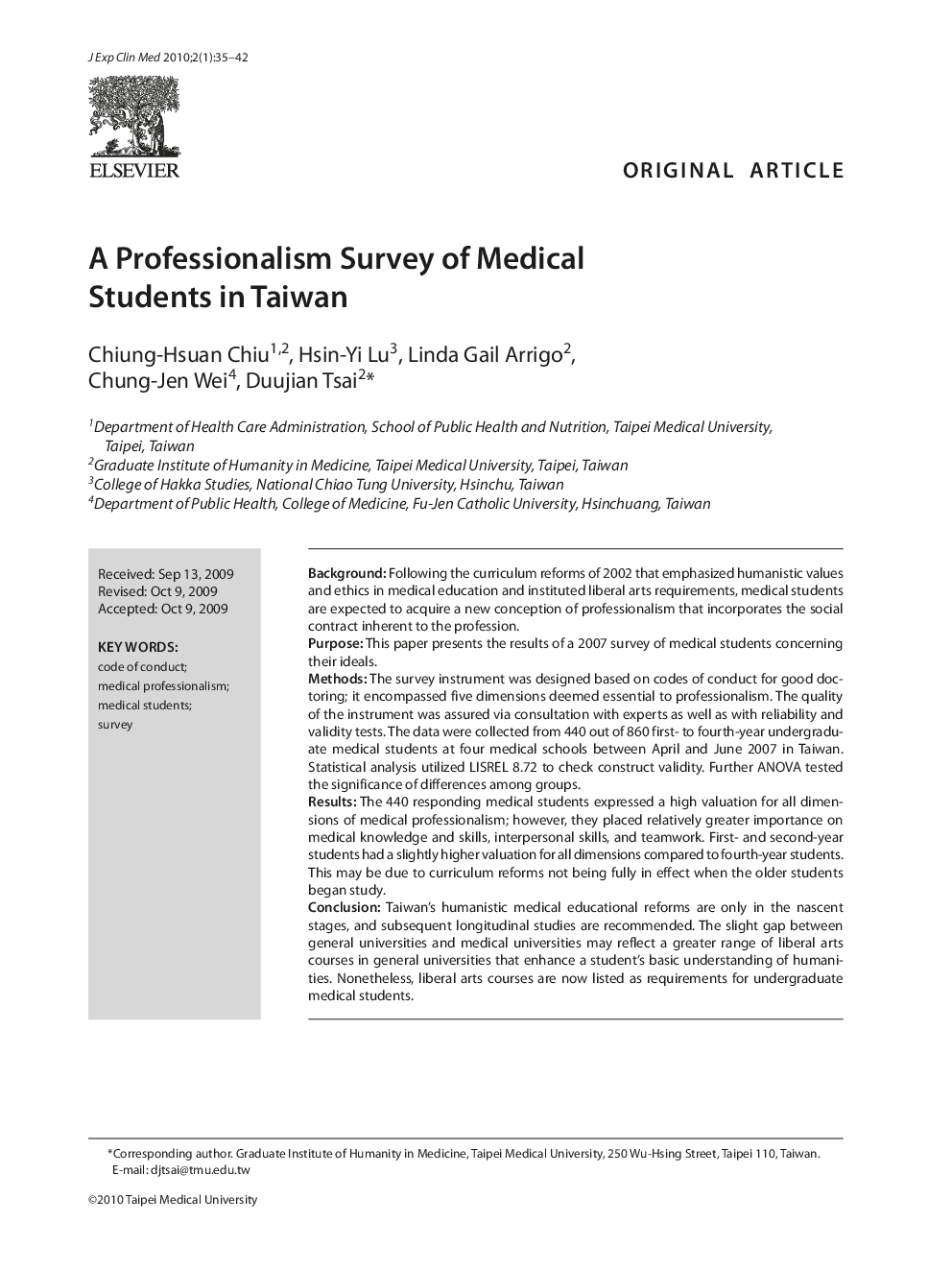 A Professionalism Survey of Medical Students in Taiwan