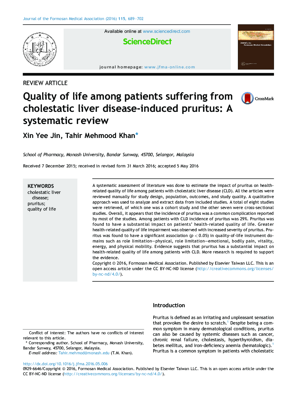 Quality of life among patients suffering from cholestatic liver disease-induced pruritus: A systematic review 