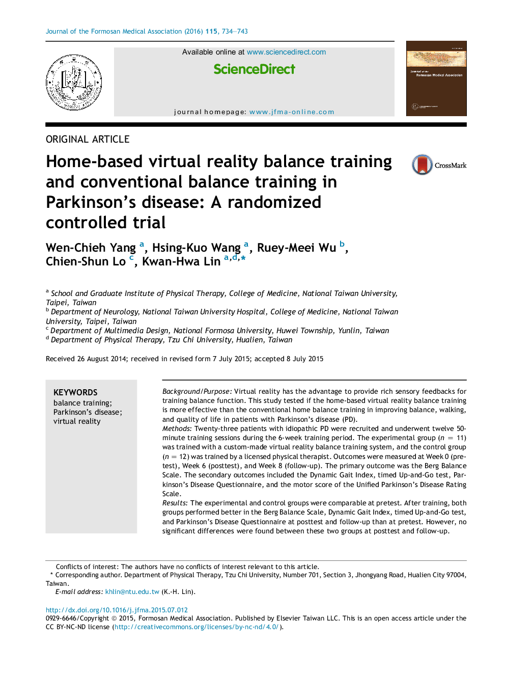 Home-based virtual reality balance training and conventional balance training in Parkinson's disease: A randomized controlled trial 