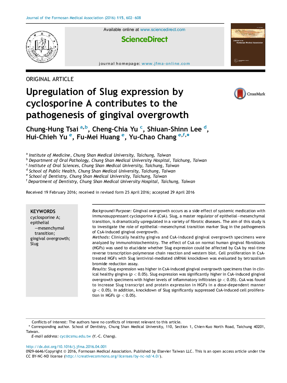 Upregulation of Slug expression by cyclosporine A contributes to the pathogenesis of gingival overgrowth 