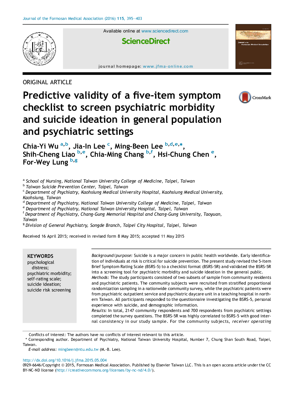 Predictive validity of a five-item symptom checklist to screen psychiatric morbidity and suicide ideation in general population and psychiatric settings 