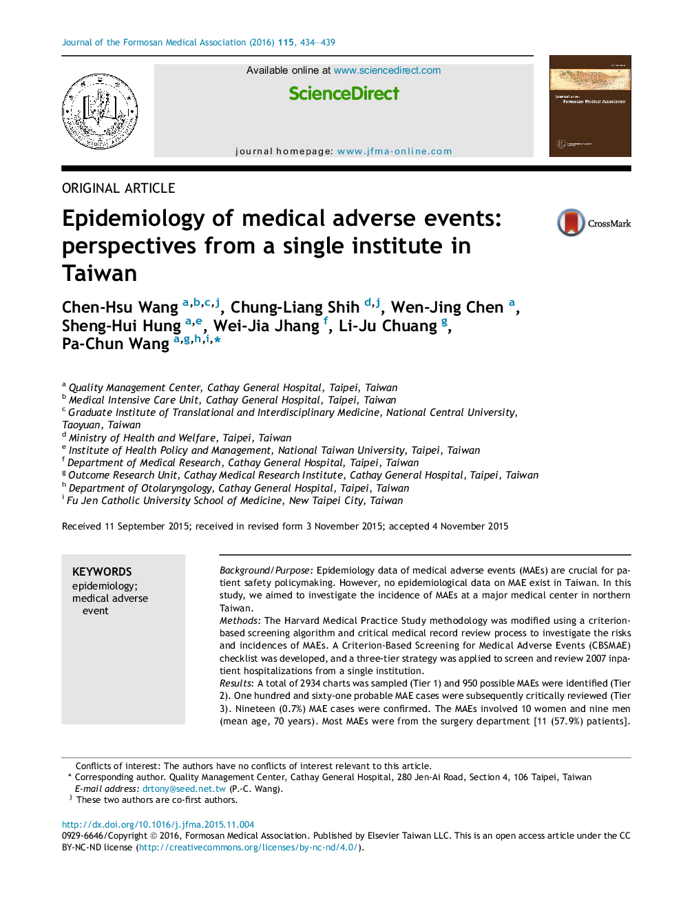 Epidemiology of medical adverse events: perspectives from a single institute in Taiwan 