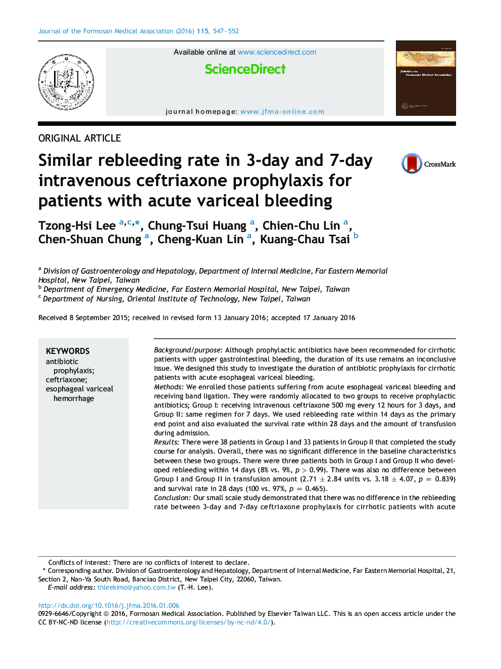 Similar rebleeding rate in 3-day and 7-day intravenous ceftriaxone prophylaxis for patients with acute variceal bleeding 