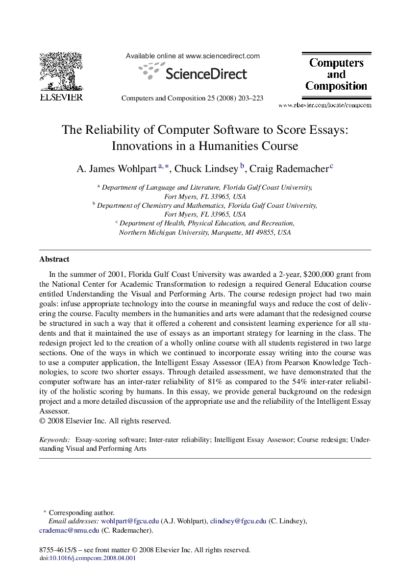 The Reliability of Computer Software to Score Essays: Innovations in a Humanities Course