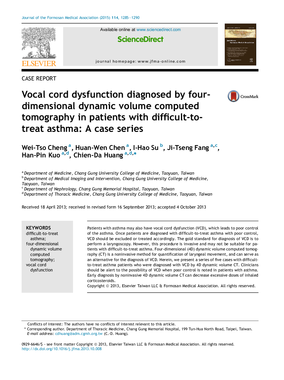 Vocal cord dysfunction diagnosed by four-dimensional dynamic volume computed tomography in patients with difficult-to-treat asthma: A case series 